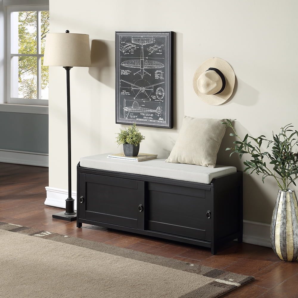 Lowestbest Wooden Storage Bench, Shoe Bench with Storage and 2 Cabinets and Sit Cushion for Entryway Bedroom, Black Lowestbest Wooden Storage Bench, Shoe Bench with Storage and 2 Cabinets and Sit Cushion for Entryway Bedroom, Black