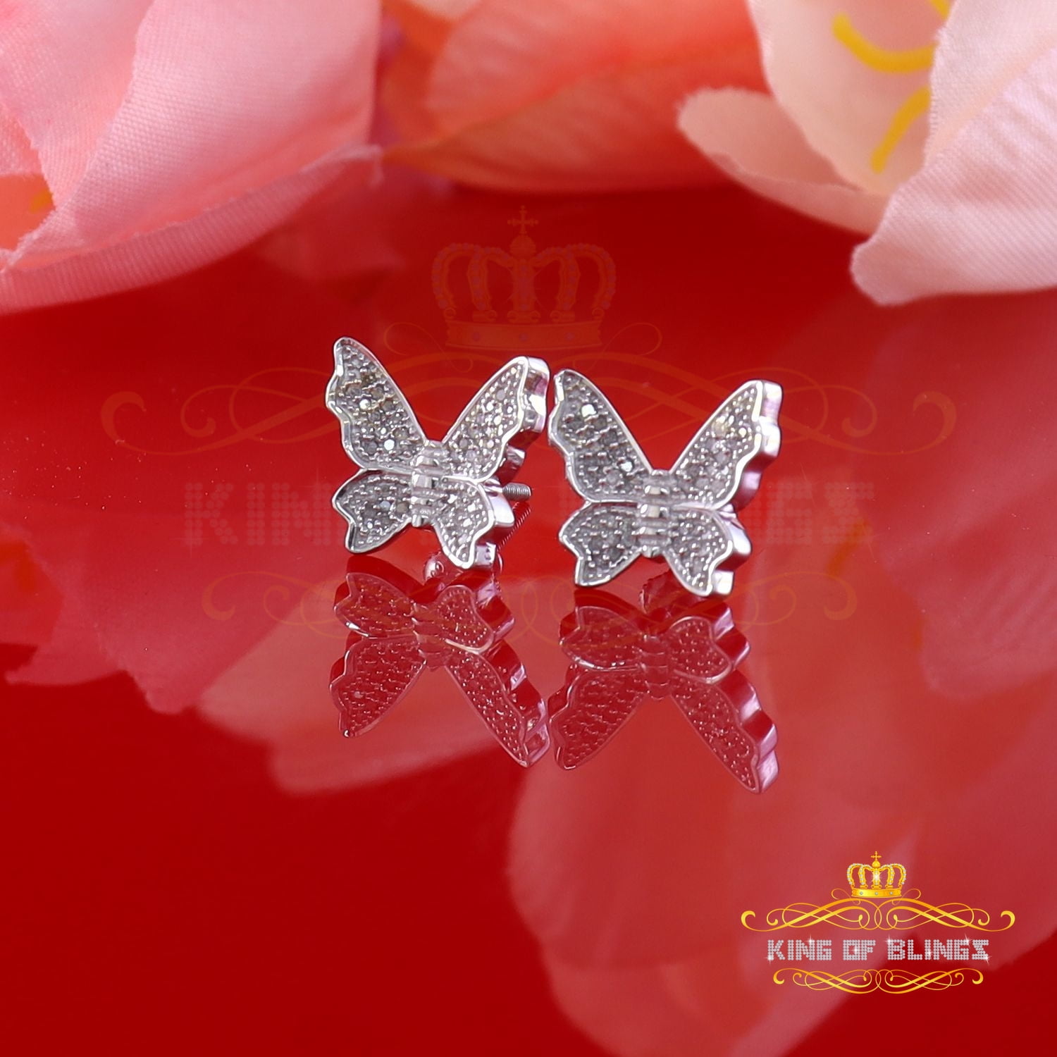 King of Bling's Women's 0.25ct Real Diamond Butterfly Stud Earrings White 925 Sterling Silver
