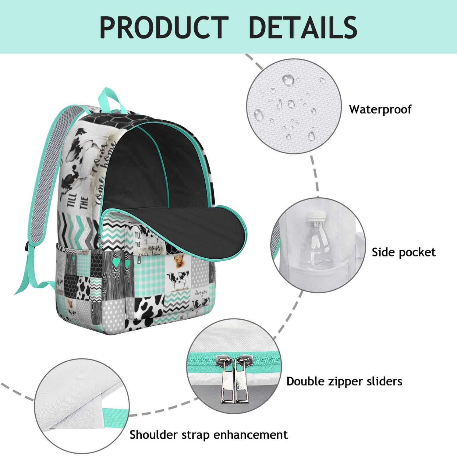 Farmhouse Cow Backpack for Teens, Durable and Lightweight Laptop Bag with Bull, Buffalo, and Black & White Cow Print Design