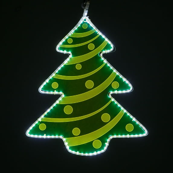 Laser Etched Acrylic Clear Christmas Decorations, Lit Window Decorations Christmas Light Decorations Indoor-Outdoor (22", Green Lighted Tree with Decorative Design)