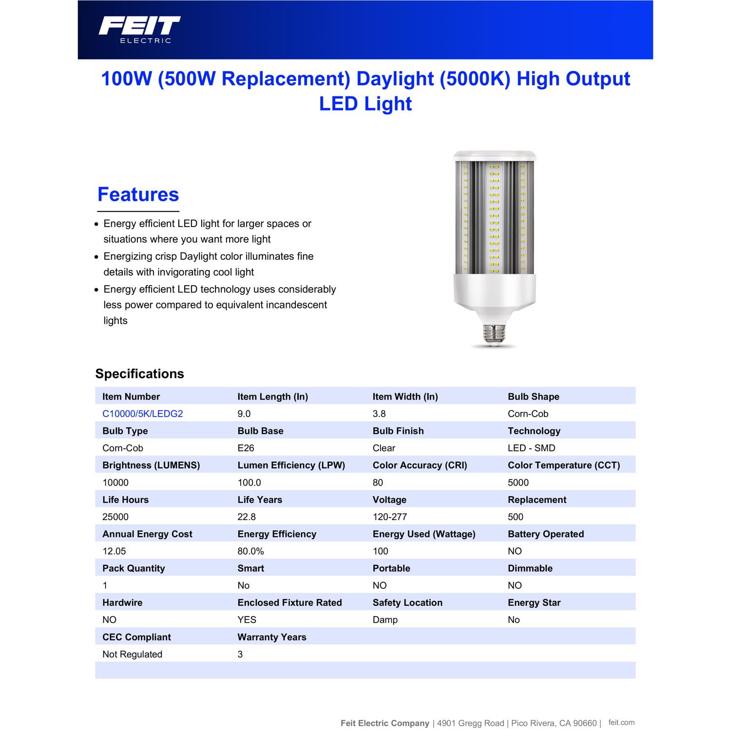 Feit Corn Cob E26 (Medium) LED Bulb Daylight 500 Watt Equivalence 1 pk