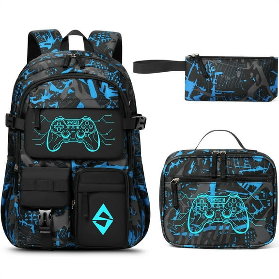 Cool Luminous Backpack for School Boys, 3 PCS Glow in The Dark Kids Backpacks with Lunch Box & Pencil Pouch (Game)