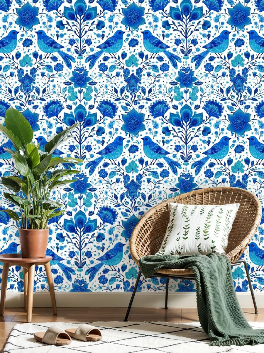 Farmhouse Peel and Stick Wallpaper 23.6in x 9.8ft Blue Birds Floral Folk Art Style Contact Paper Vinyl Self-Adhesive Removable Wall Paper for Bedroom Kitchen Cabinet Renter Friendly