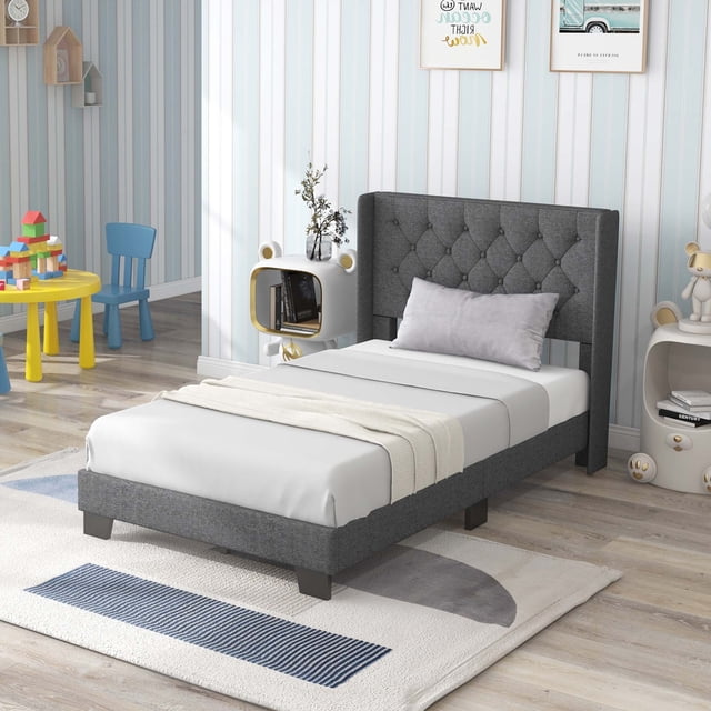 Costway Lit Plateforme Rembourré Format Simple Tête de Lit Capitonnée Base de Matelas Gris