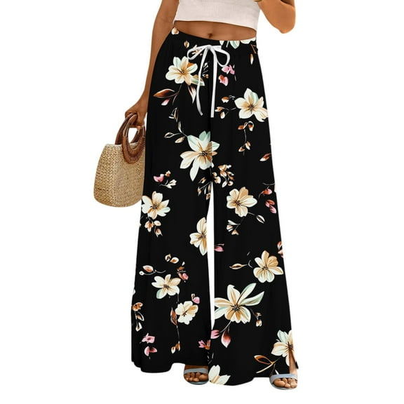 WTOBBY Women's Floral Print Adjustable Tie Waist Wide Leg Casual Pants with Stretch Belt, Functional Pockets and Comfortable Fit for Garden Parties and Weekend Relaxation,Black L