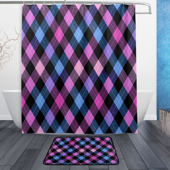 TTYFWHD 60" x 72" Shower Curtain and Bath Mat Set Pastel Gradient Diamond Plaid Waterproof Bathroom Curtain with 12 Hooks, Bathroom Decor Set