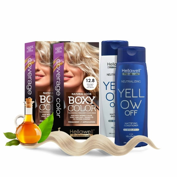 Professional Coloring kit - Permanent color cream hair dye.12.8 Ultra Light Special Ash Blonde   Violet -Purple Shampoo and Conditioner Kit Toner for Blonde Hair Neutralizes yellow and orange tones.