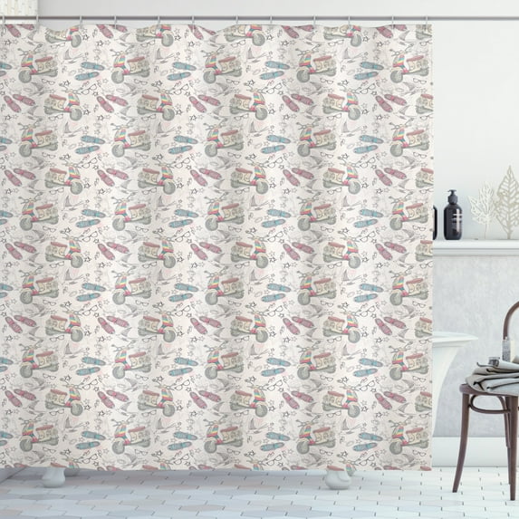 Hipster Shower Curtain, Grunge Teen Youth Pattern with Shoes Retro Scooter Glasses Stars Thunders and Birds, Fabric Bathroom Set with Hooks, 69W X 84L Inches Extra Long, Multicolor, by Ambesonne