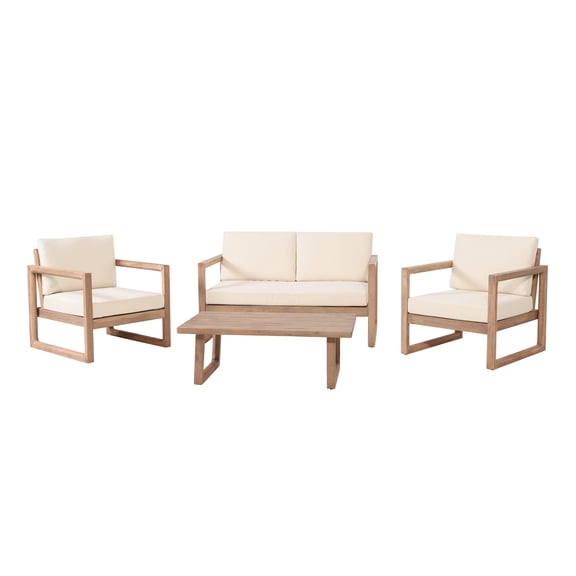 GDF Studio Petteti Outdoor Acacia Wood 4 Seater Chat Set with Cushions, Brown and Beige