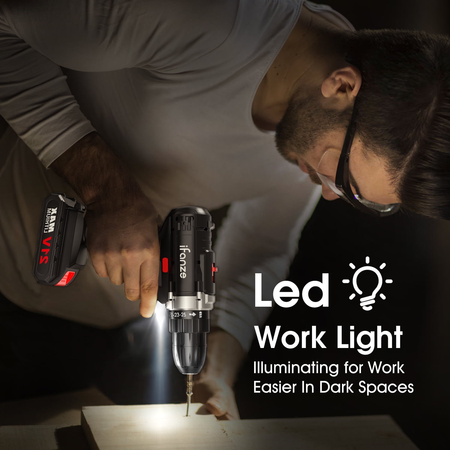 Qunler 21V Cordless Drill, Power Drill Driver Set with 2 Batteries, 3/8"Keyless Chuck, 25+1 Position, 2 Variable Speed, Built-in LED for Drilling and Screw Driving