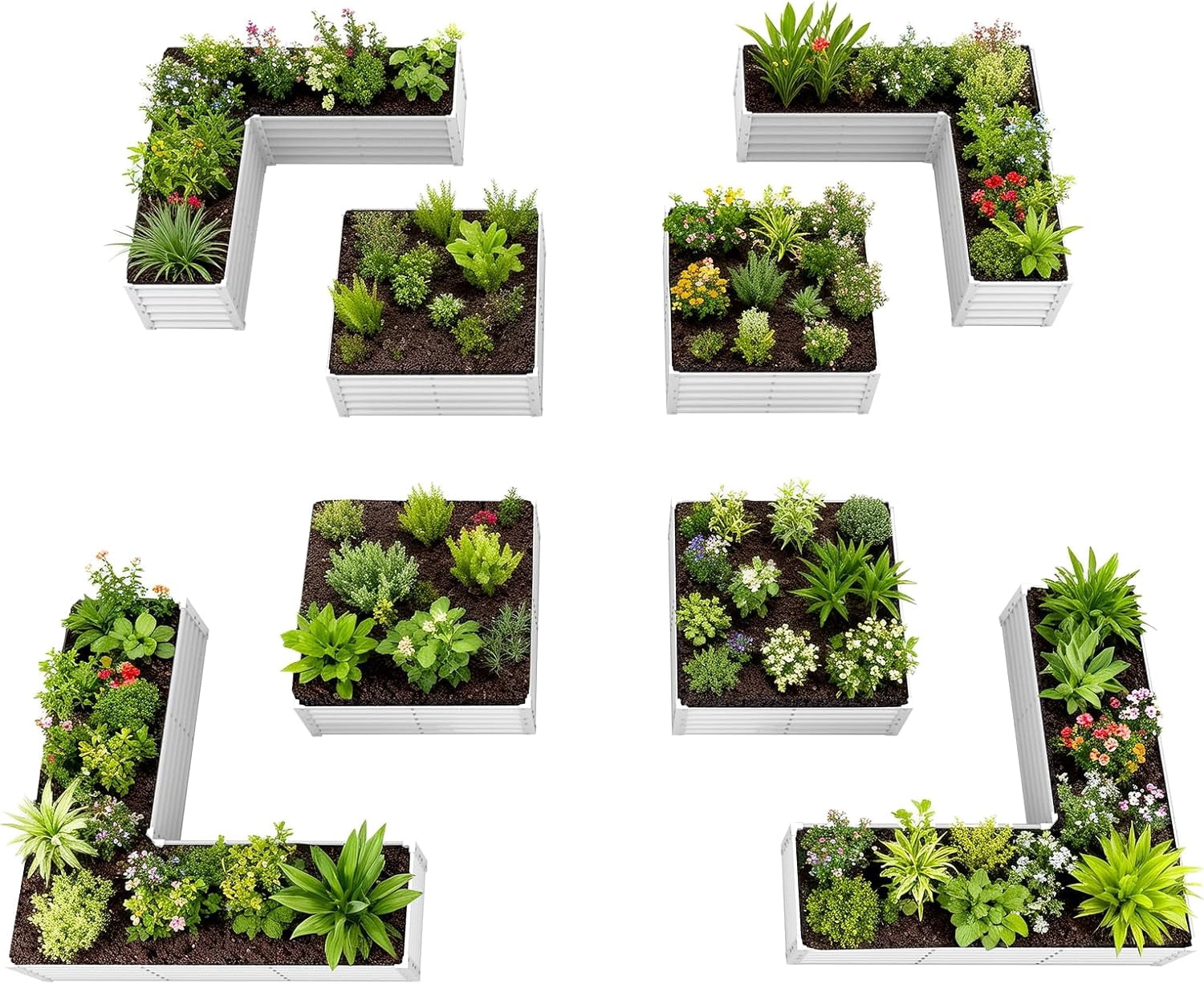 A ANLEOLIFE 8-Piece 18 Inch Tall Antique White Raised Garden Beds Kit, L-Shaped & Square Metal Planters –Ideal for Structured Backyard Layouts.