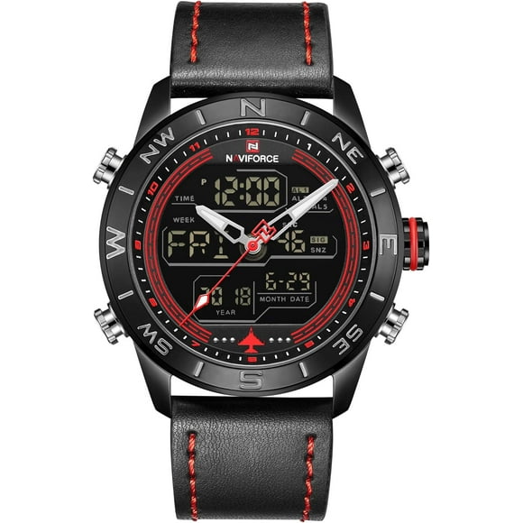 Men's Dual Time Watches Analog Digital Backlight Sport Casual Waterproof Wrist Watch Blue Leather Band