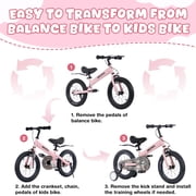 Meghna 14 inch Kids Balance Bike 2 in 1 Kids Bike Bicycle Detachable Training Wheels Dual Brake for 3-7 Years Old Toldders Pink