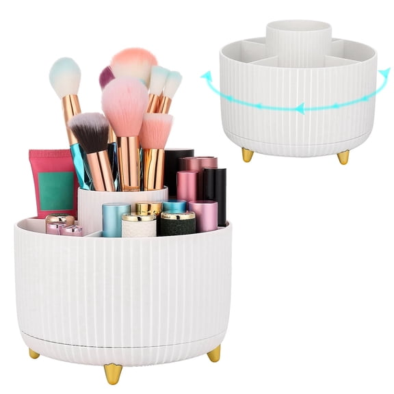 2pcs Makeup Brush Holder Organizer, 360 Degree Rotating Brush Holder, Eye Shadow Brush Lipstick Case, Cosmetic Storage, 5 Slot Makeup Brushes Cup Tray for Bathroom, Desk Storage(White)