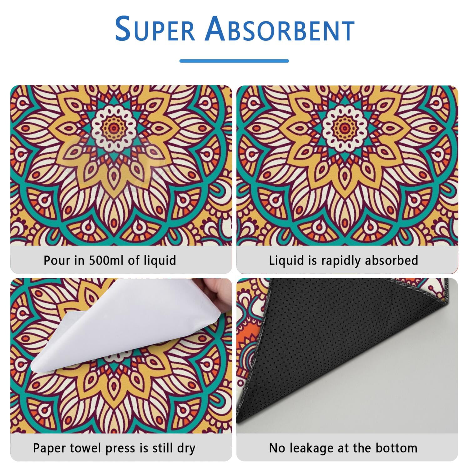 Mandala Washable Dog Pee Pads 48" x48", Reusable Potty Training Pads with Non-Slip Backing, for Indoor Use on Tile, Wood and Laminate Floors.