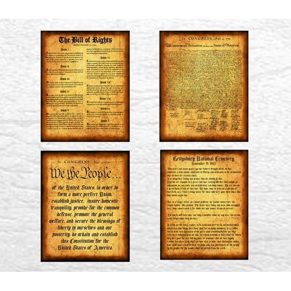 United States of America - 4 Pk Prints of Our Most Precious Historical Documents - 8 X 10 Set Patriot Wall Decor