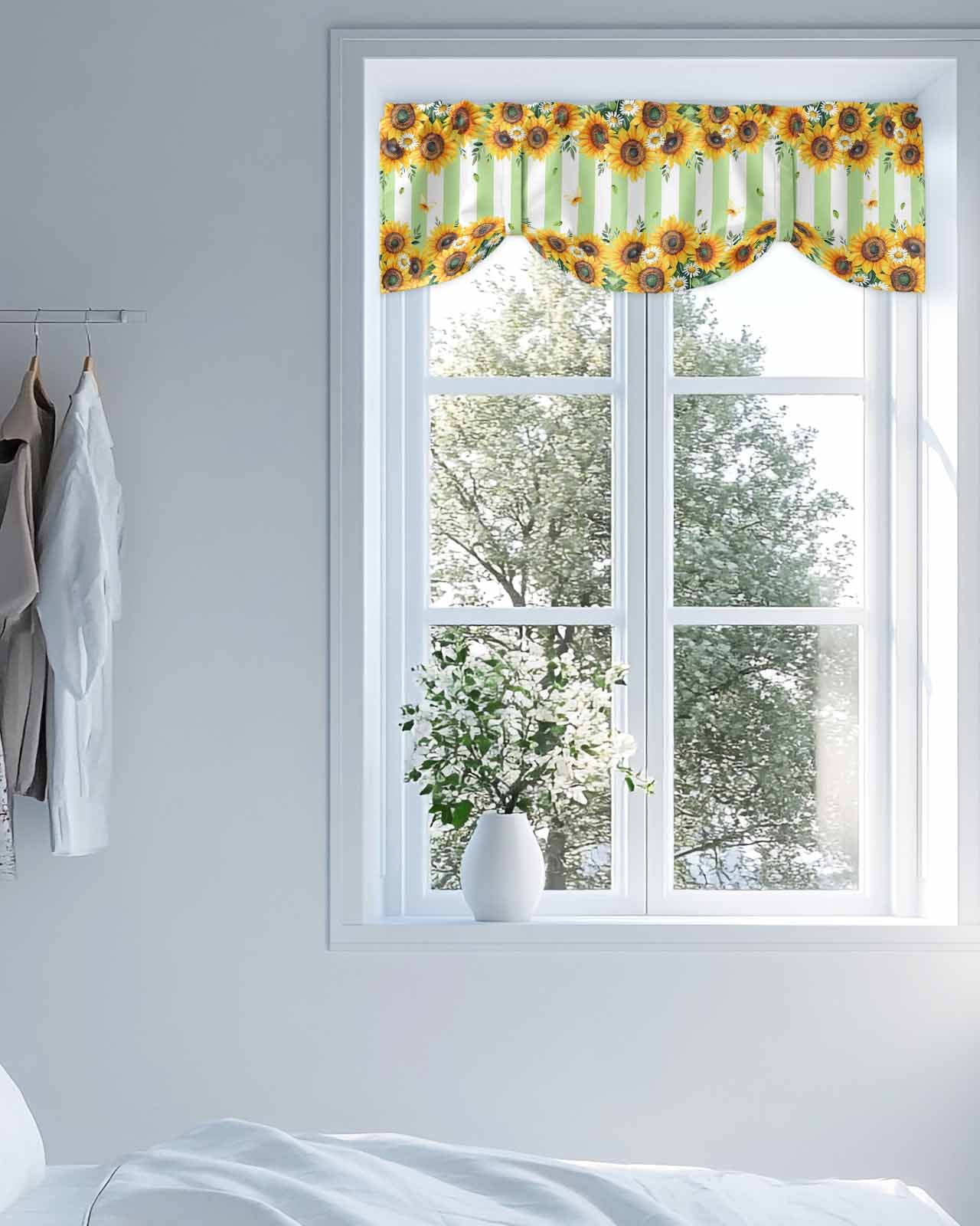 Summer Sunflower Tie Up Valances Curtain, Adjustable Kitchen Daisy Butterfly Leaf Green White Stripe Valances for Windows Decor, Rod Pocket Short Curtains Set for Bedroom/Bathroom, 54"x18"