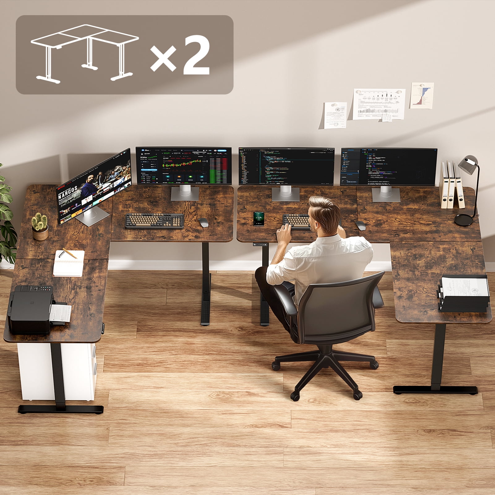 VVENACE 63 x 55 inch L Shaped Electric Standing Desk Stand up Desk Corner Computer Workstation for Home, Room, Office, Brown, 3 Split Boards