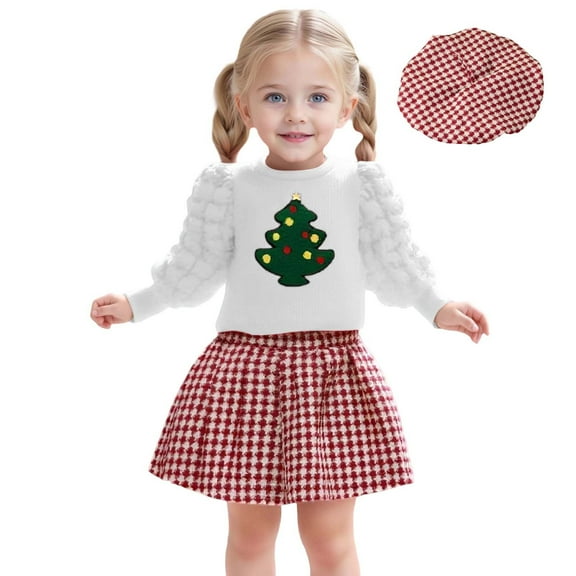 RUTAYY Children Girls Clothing Sets Christmas Fall Winter Long Sleeve Top Pleated Skirt Hat Holiday Party Dress Leisure Outfit Sets