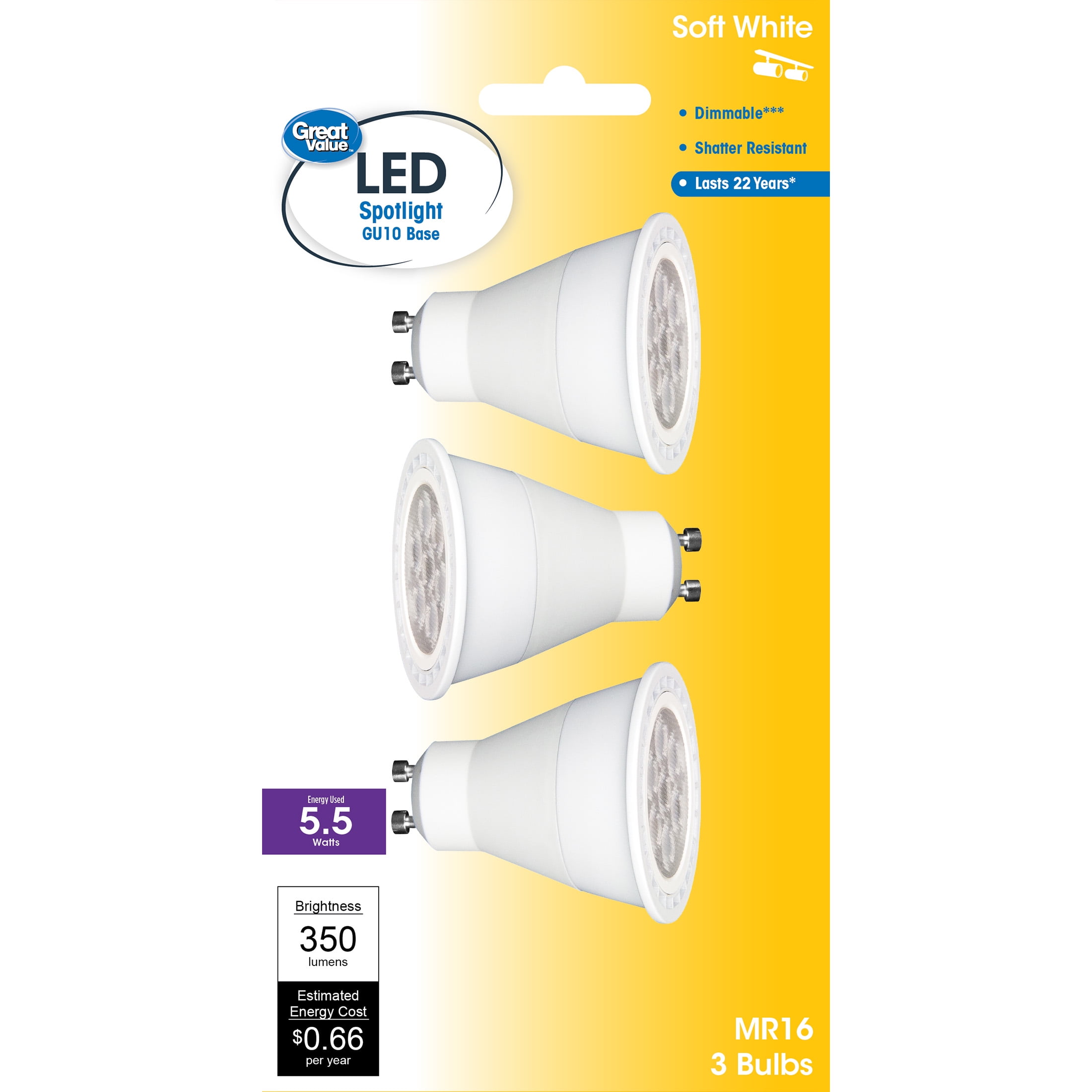 abort fjerne kollektion Great Value LED Light Bulb, 5W (35W Equivalent) MR16 Lamp GU10 Base,  Dimmable, Soft White, 3-Pack - Walmart.com