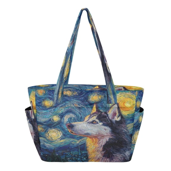 Quilted Tote Bag Large Capacity Multi-Compartment Handbag Lightweight Structured Shoulder Bag Versatile Casual Bag Siberian Husky