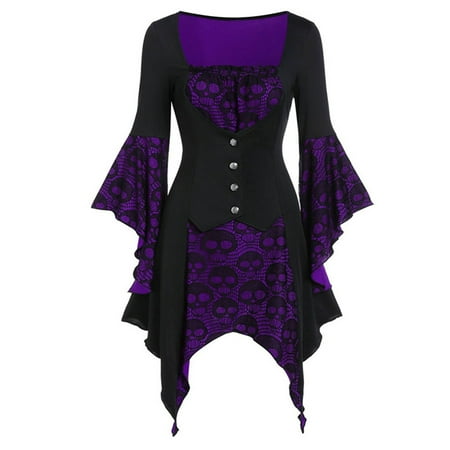 

TMOYZQ Women s Fall Halloween Gothic Victoria Corset Top Patchwork Color Butterfly Sleeve Skull Printed Square Neck Tunic T-shirt Buttons Babydoll Tops for Everyday Halloween Cosplay