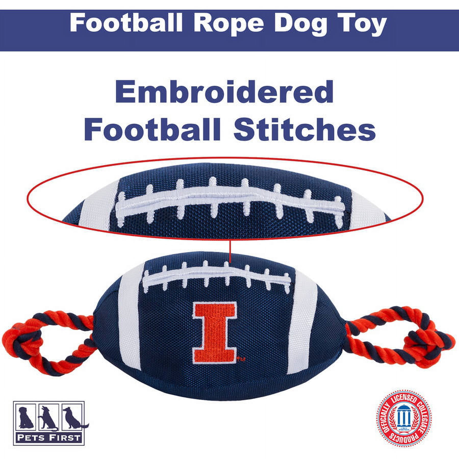 Pets First NCAA Illinois Fighting Illini Strong, Durable, Chewable Football Dog Toy with Inner Squeaker and Side Ropes, Officialy Licensed