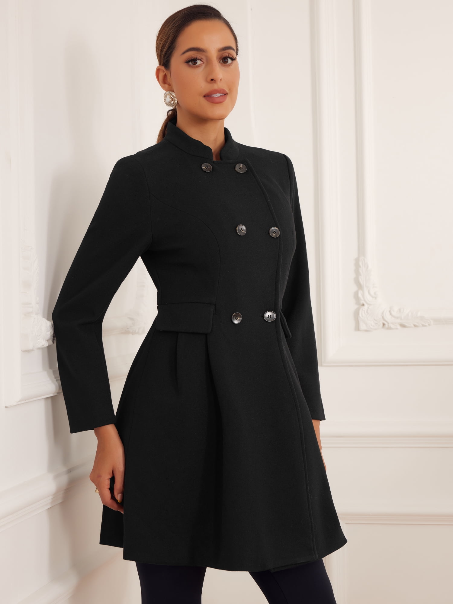 DARING DIVA Women's Stand Collar Double Breasted Winter Coat with Pockets Black XL