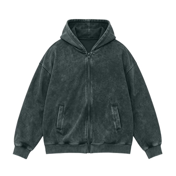 IROINNID Men's Acid Wash Full Zip Hoodie Jacket Relaxed Drop Shoulder Casual Streetwear Hooded Sweatshirt with Side Pockets Ribbed Cuffs Everyday Top