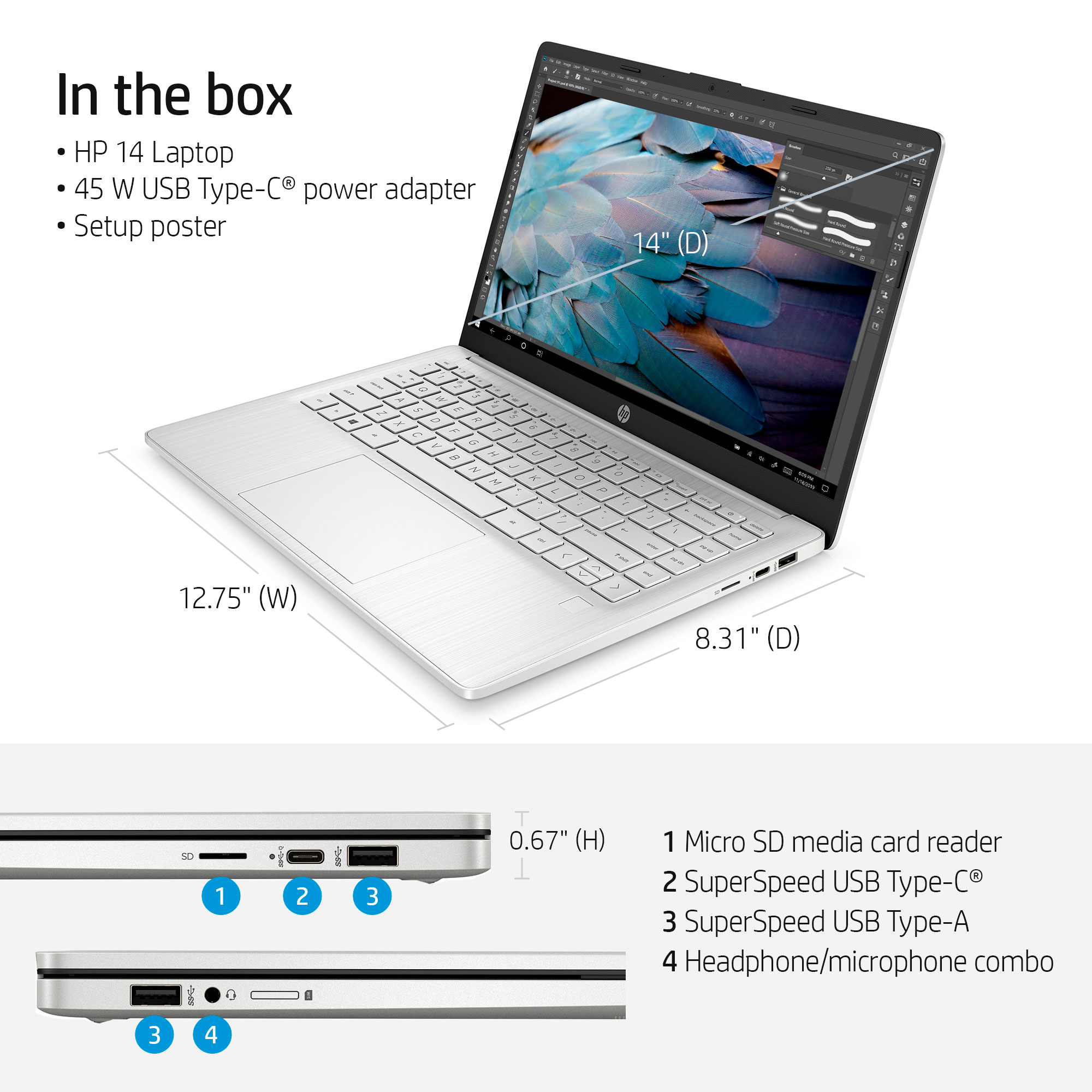 “HP Laptop 14”FHD, Touch, Qualcomm Snapdragon 7c Gen 2, 4GB RAM, 128 GB eMMC, Silver, Windows 11, 14-ed0123wm” - image 8 of 9