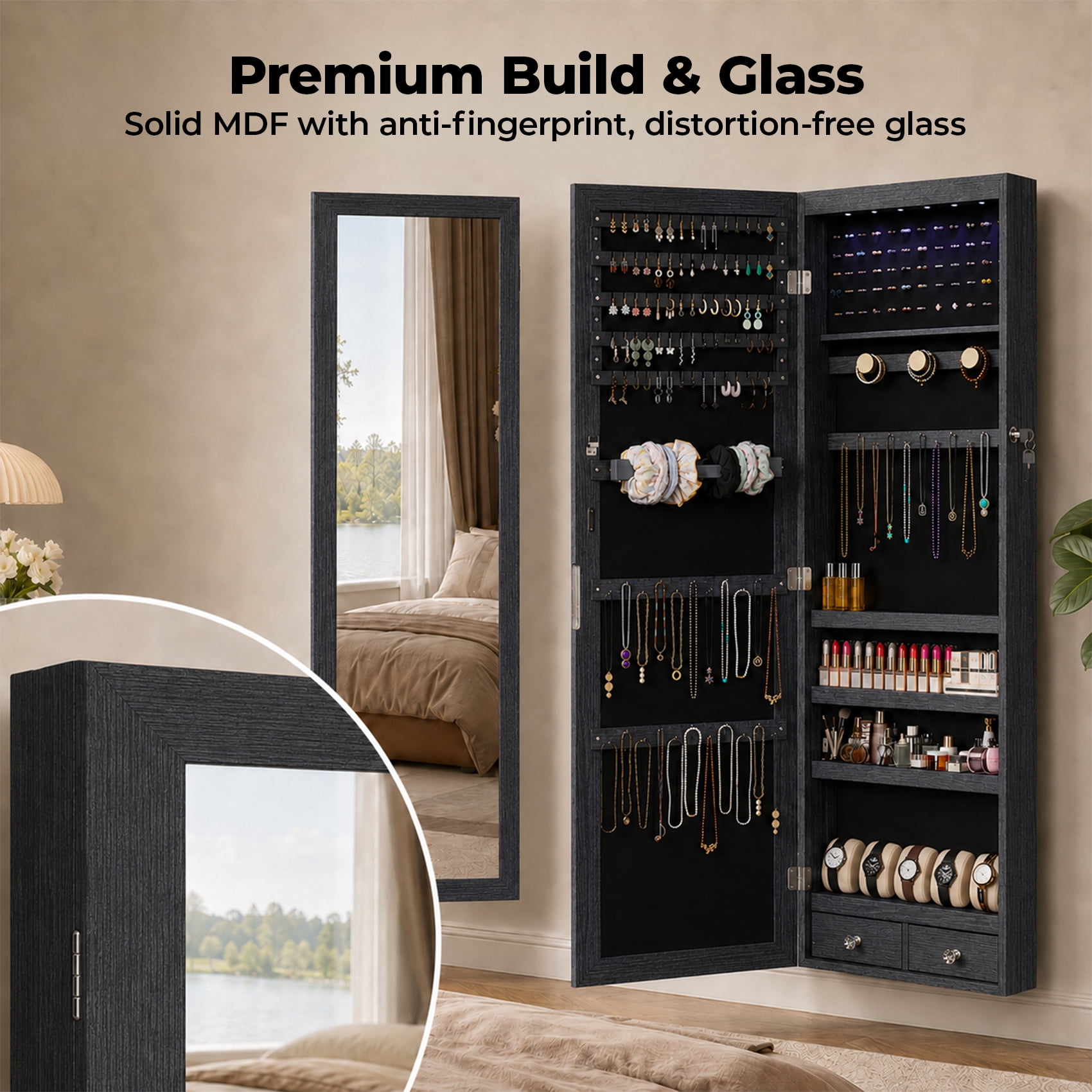 Alvantor Jewelry Organizers and Storage, 47.2-Inch Tall Lockable Wall or Door Mounted Jewelry Armoire Organizer with Mirror, 2 Drawers, 6 LEDs Mirror Jewelry Cabinet