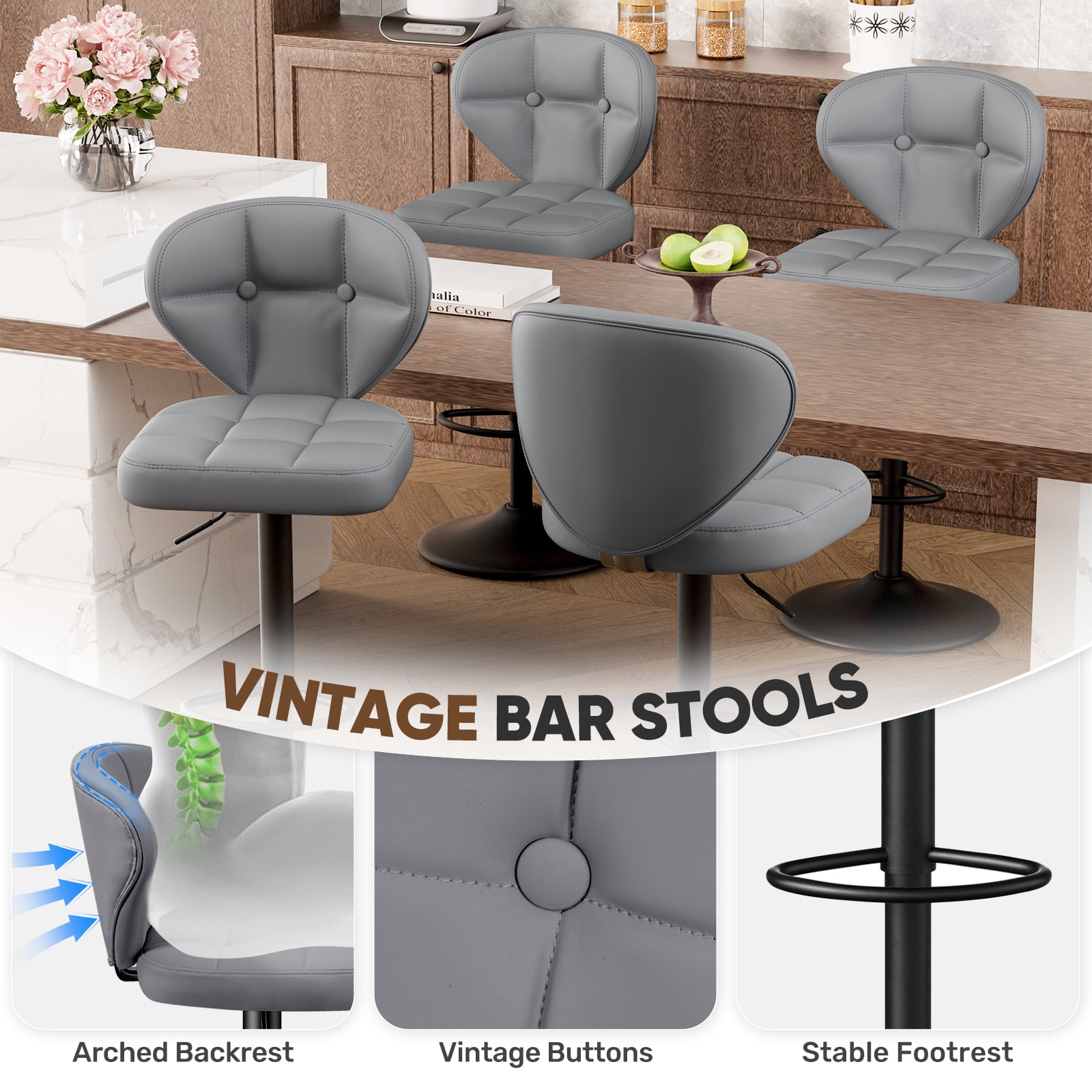 Hawsaiy Vintage Style Leather Bar Stool Set of 4 with Button-Tufted Design,Dark Gray