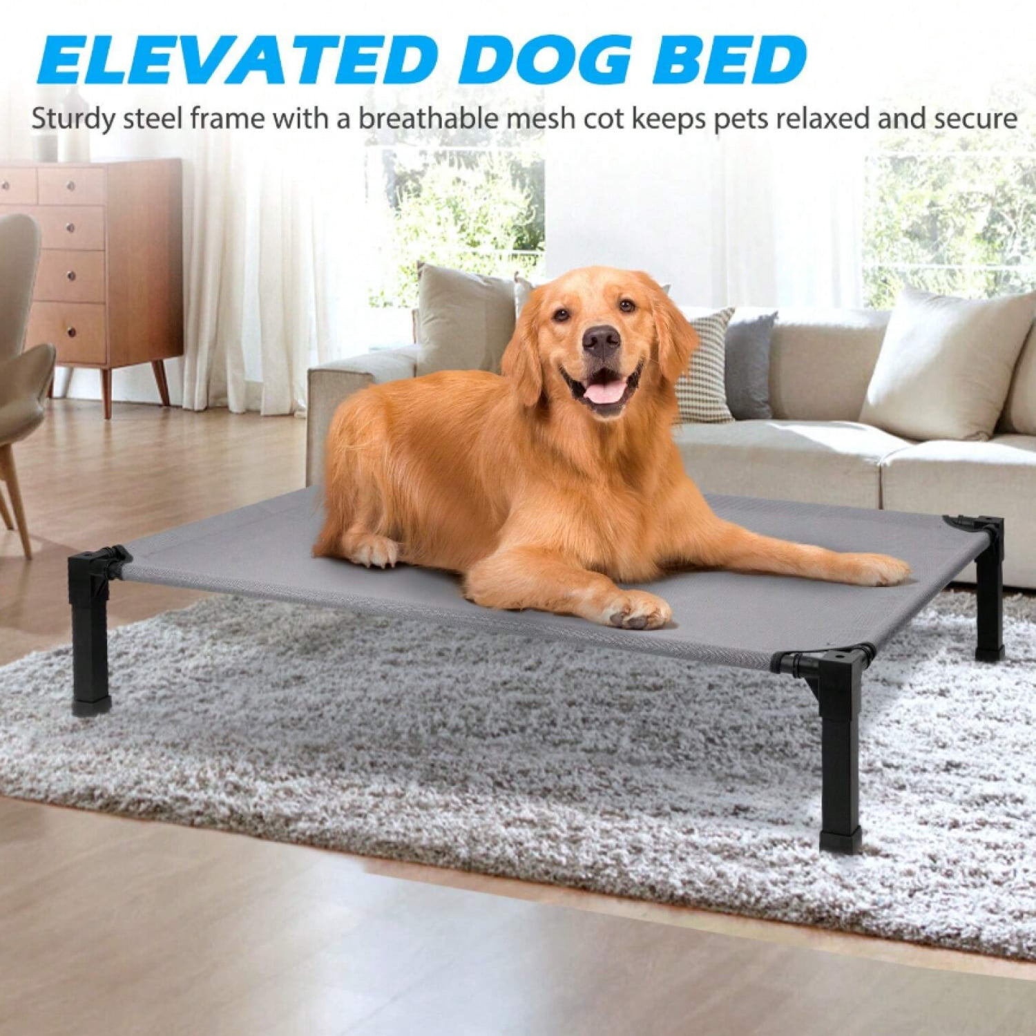 NTGFU Cooling Elevated Dog Bed, Raised Dog Bed with Washable Breathable Mesh and Metal Frame, Portable Dog Cot Bed with No-Slip Feet for Outdoor and Indoor Use-Grey-35'' x 25'' x 7.5''