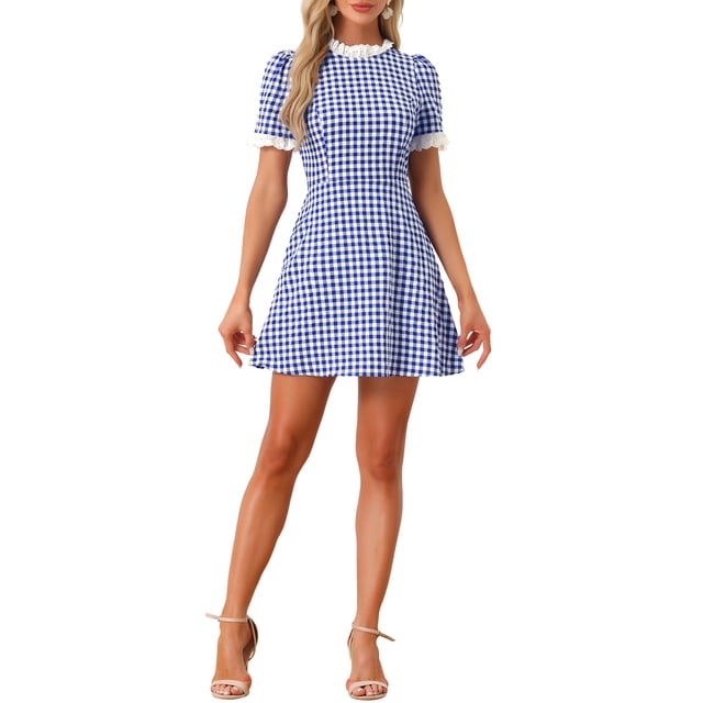 INSPIRE CHIC Vestido de Manga Corta Vintage con Panel de Contraste y Cuello Volante para Mujeres XL Azul Blanco