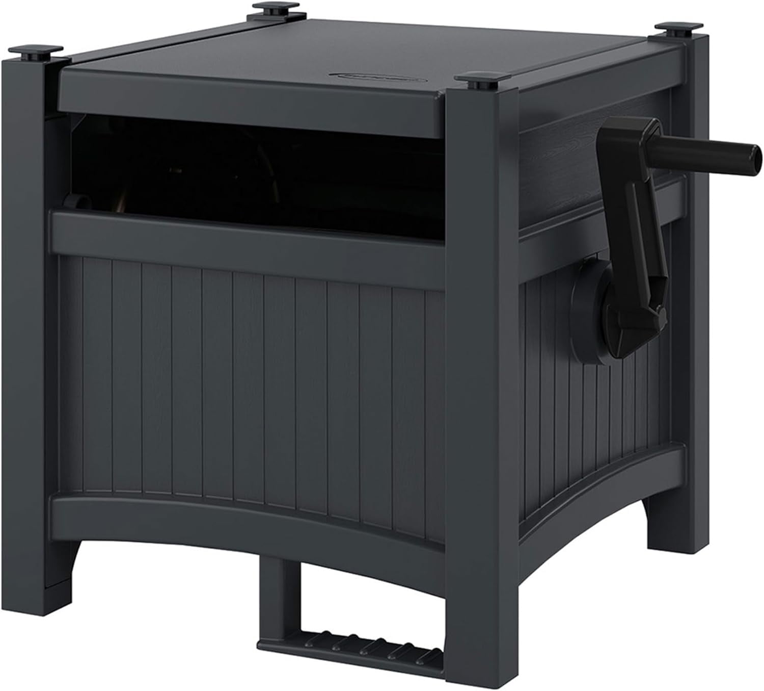 Garden Hose Hideaway Storage Reel Box, Cyberspace Grey – Resin Outdoor Container, Holds up to 100 Feet of 5/8 Inch Standard Vinyl Water Line – No Assembly Required