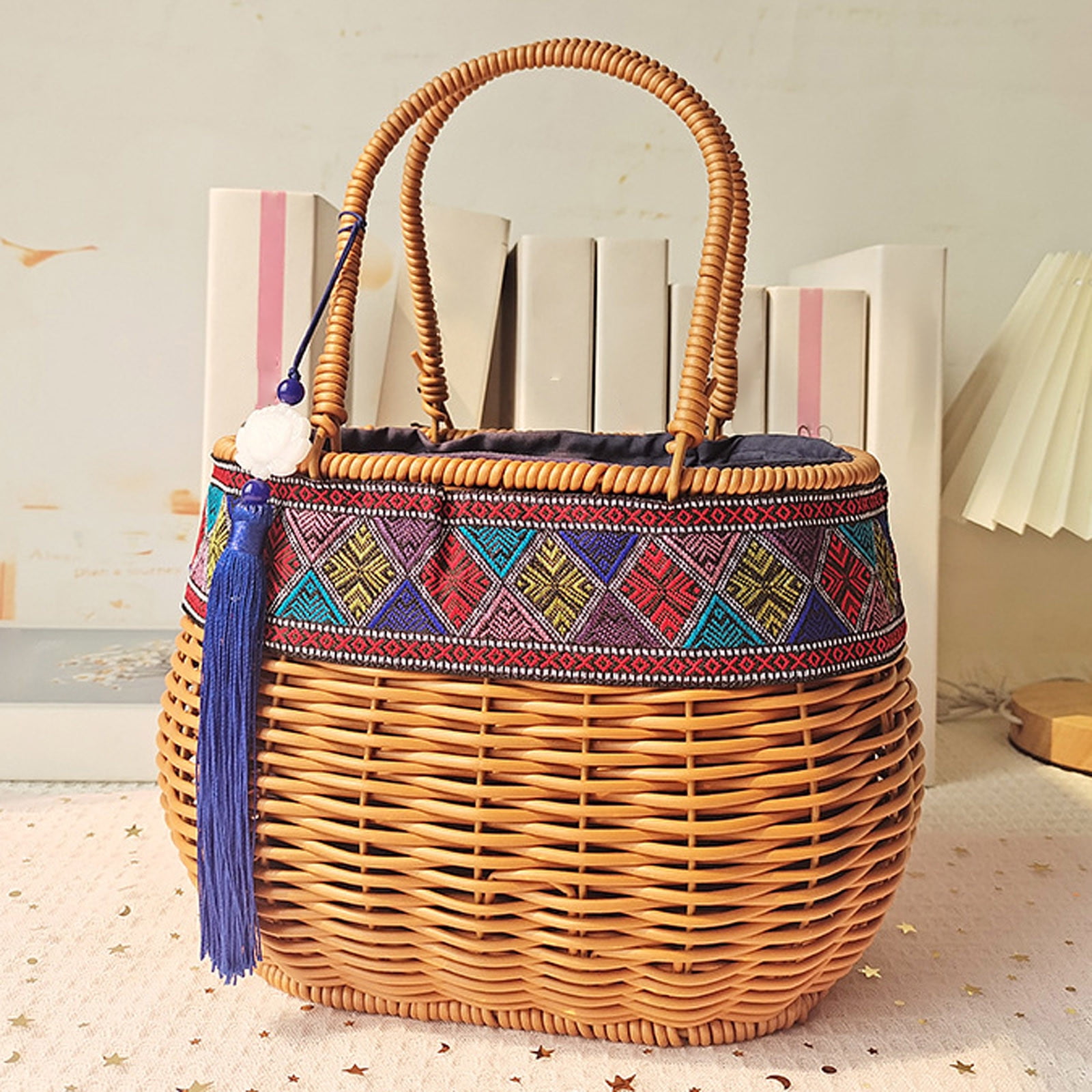 Rattan Wicker Woven Basket with Handle, Portable Garden Harvest Basket Wicker Storage Baskets for Picnic, Easter, Organizing, Gathering Vegetables (Brown, 21x13x16cm)