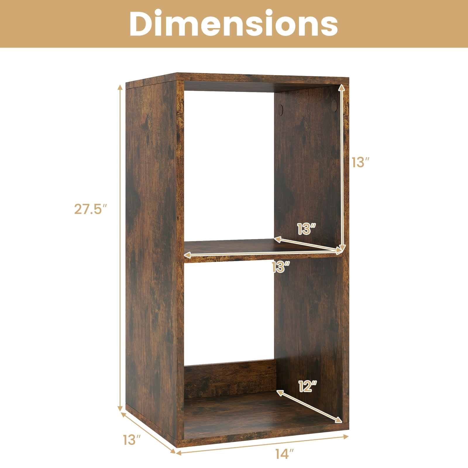 Costway 2-Cube Bookshelf, Modern Vertical Bookcase with Back Guardrail&Anti-tipping Kits Rustic Brown