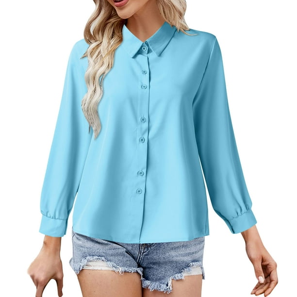 adviicd Womens Blouses Dressy Womens Button Down Blouses Casual Summer Tops  Dressy Chiffon Work Blouse Blue,L