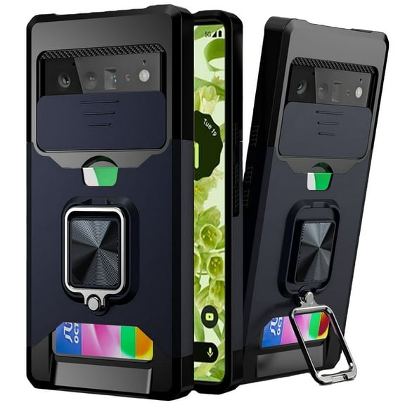 For Google Pixel 6 Pro Multi-functional Card Magnetic Ring Stand Hybrid Camera Case Cover - Blue