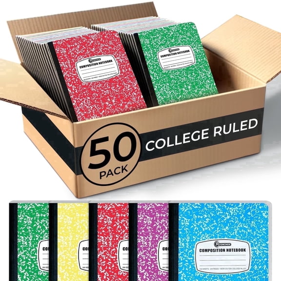 Rosmonde 50 Pack Bulk Composition Notebooks College Ruled, 200 Pages (100 Sheets), 9-3/4 x 7-1/2, Bulk School Supplies, Bulk College Ruled Notebooks, Bulk Assorted Colors Marble Notebooks for School