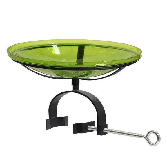 Achla 14" Fern Green Crackle Glass Birdbath With Over Rail Bracket