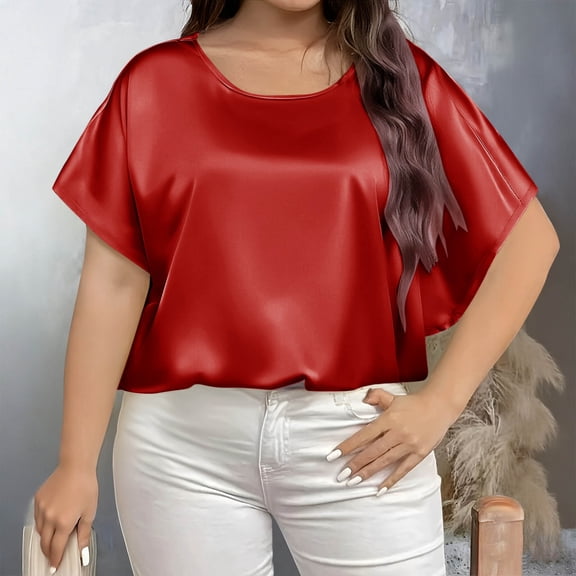 ClodeEU Women's Plus Size Satin Short Sleeve Top ,Casual Round Neck Blouse Red,Womens Plus XL