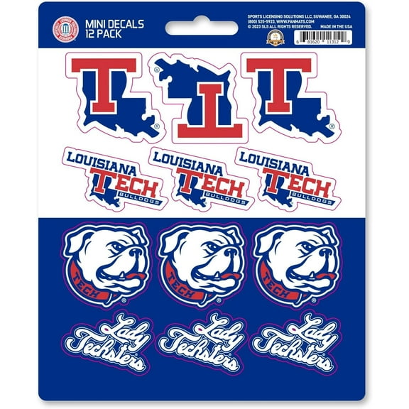 Louisiana Tech University Bulldogs 12-Piece Mini Decal Sticker Set, 5x6 Inch Sheet, Gift for football fans for any hard surfaces around home, automotive, personal items