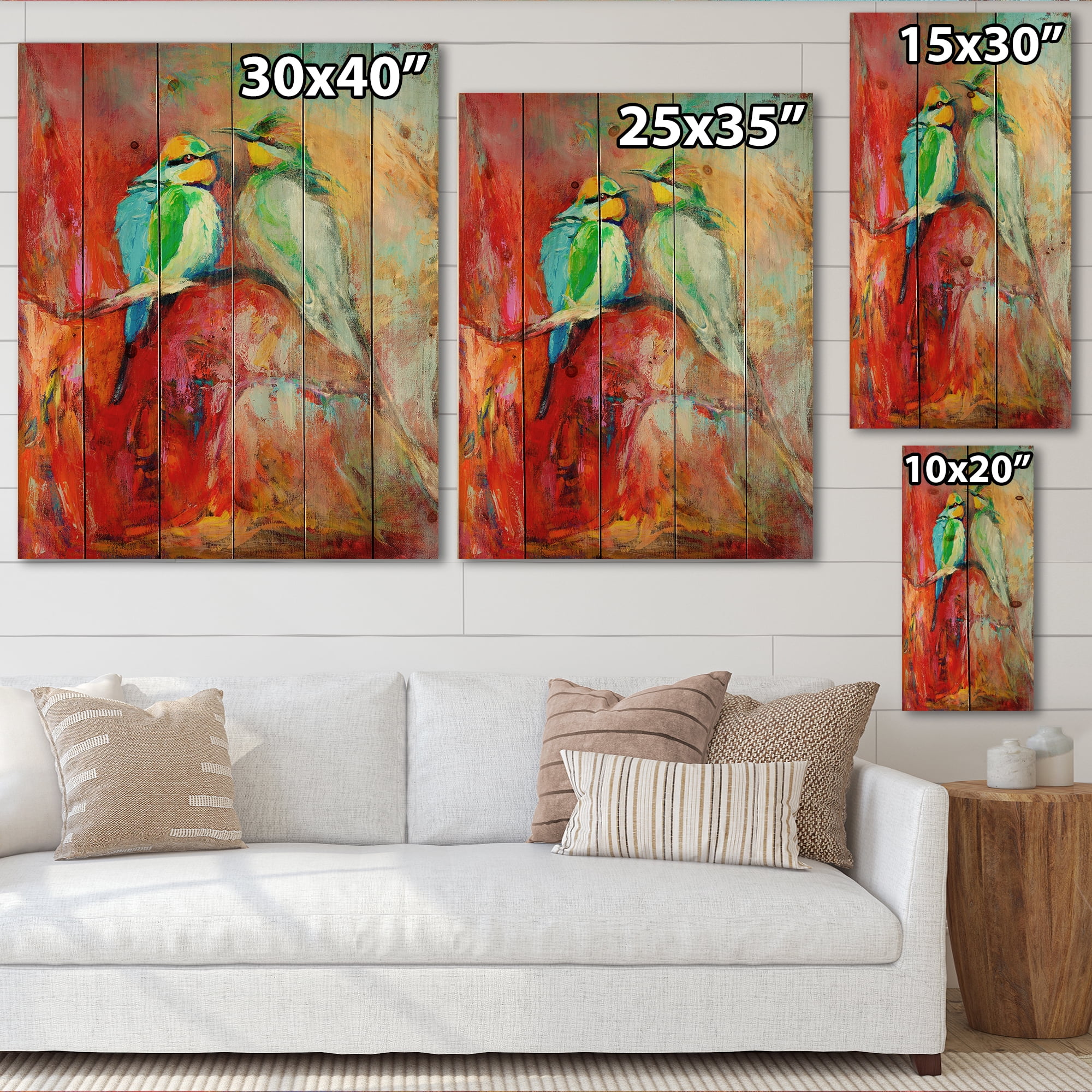 Designart 'Blue Tailed Bee Eaters Sitting On A Branch' Nautical & Coastal Print on Natural Pine Wood