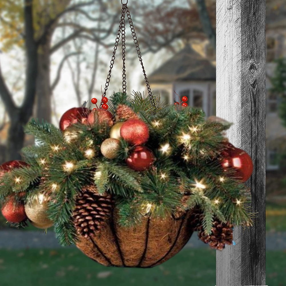 1111Fourone Artificial Christmas Hanging Basket with Pine Cones Red Berries White LED Lights Decoration for Outdoor Indoor Lawn Garden Walmart