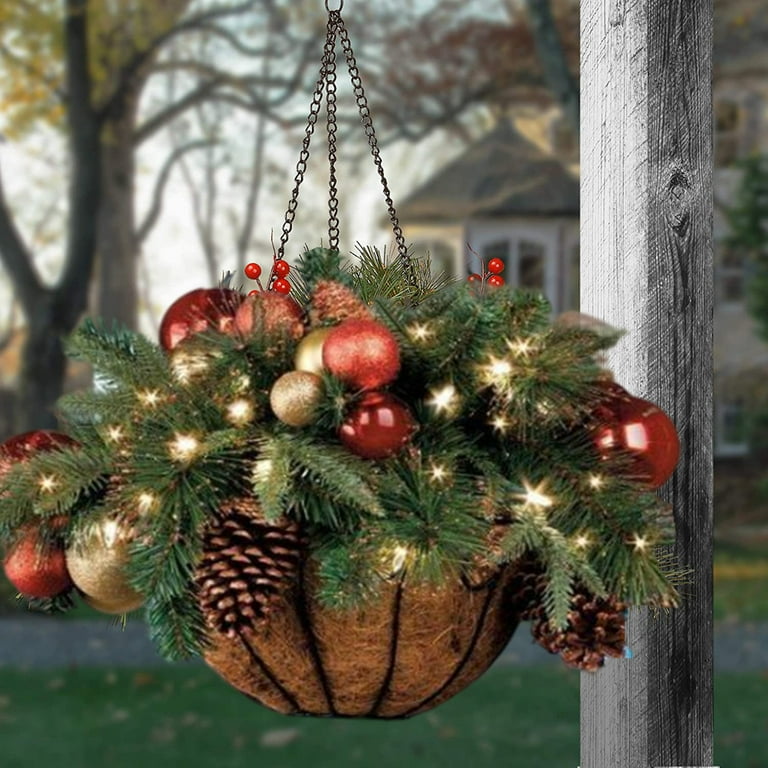 Lit Artificial Outdoor Christmas Hanging Baskets with Lights,Xmas Hanging cheapest Baskets with Led String Lights,Christmas Outdoor Decorations