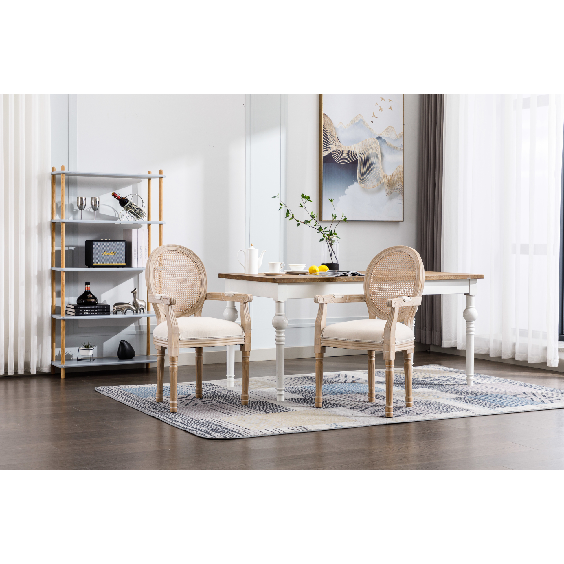 2 Beige French Vintage Armchair . Upholstered Fabric With Breathable Back. 100% Durability. Foam Filled Comfort. Solid Rubberwood Frame. Country Style Weathered Touch Pair. And Ventilated