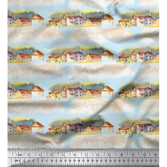 Soimoi Blue Cotton Duck Fabric House & Landscape Nature Printed Fabric 1 Yard 56 Inch Wide