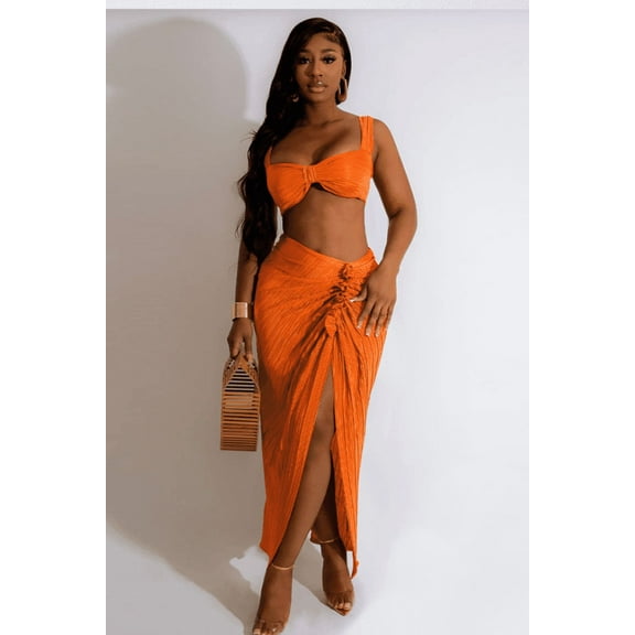 Women's Sexy 2 Piece Outfits Dress Sets Solid Color Camisole Bra Crop Top Pleated High Split Maxi Skirt (S, Black)