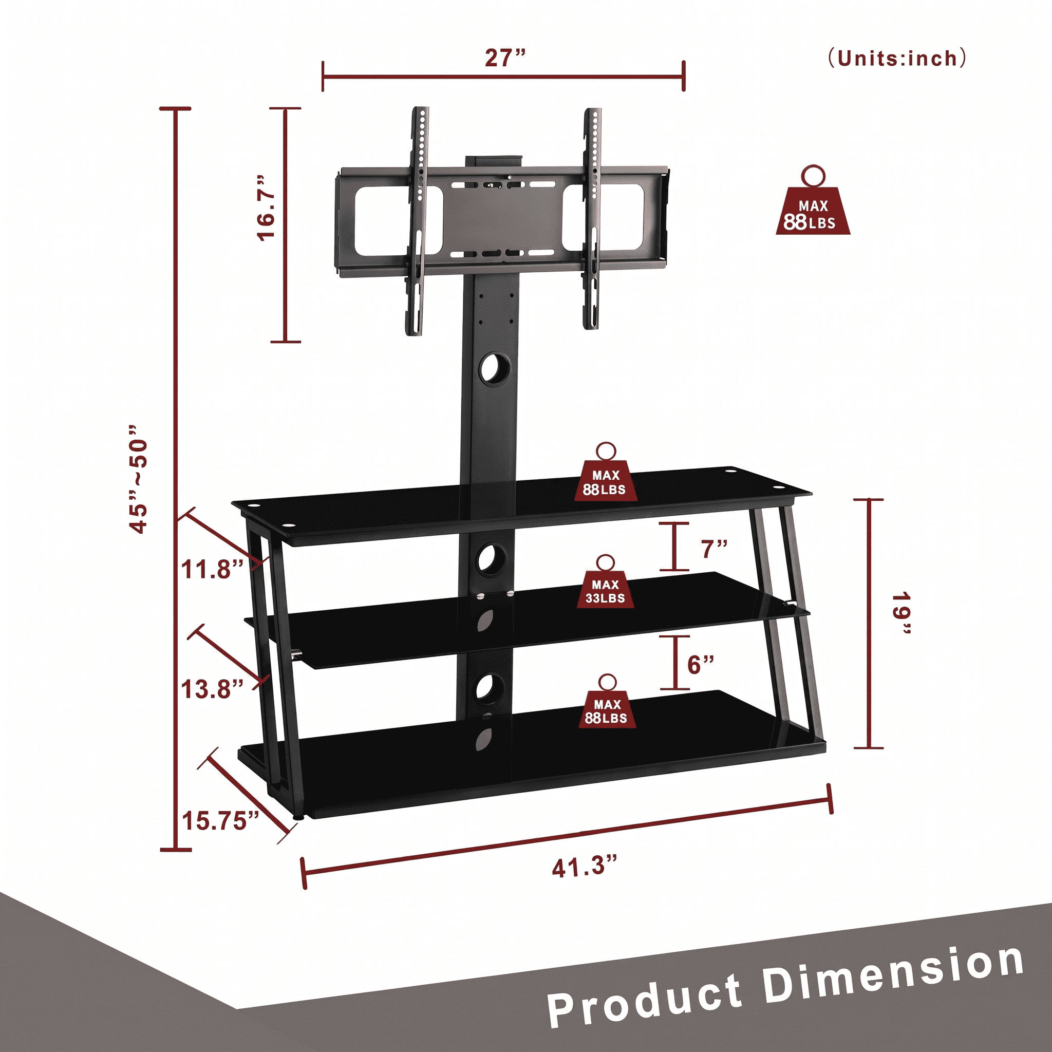 Swivel TV Stand 32-65 Inch Black Tempered Glass Height Adjustable for Living Room Bedroom